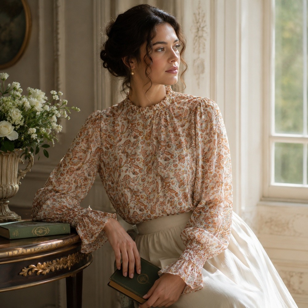 Maison d Amelie Paris Floral Boho Peasant Blouse Size XL Smocked Cuffs Regency